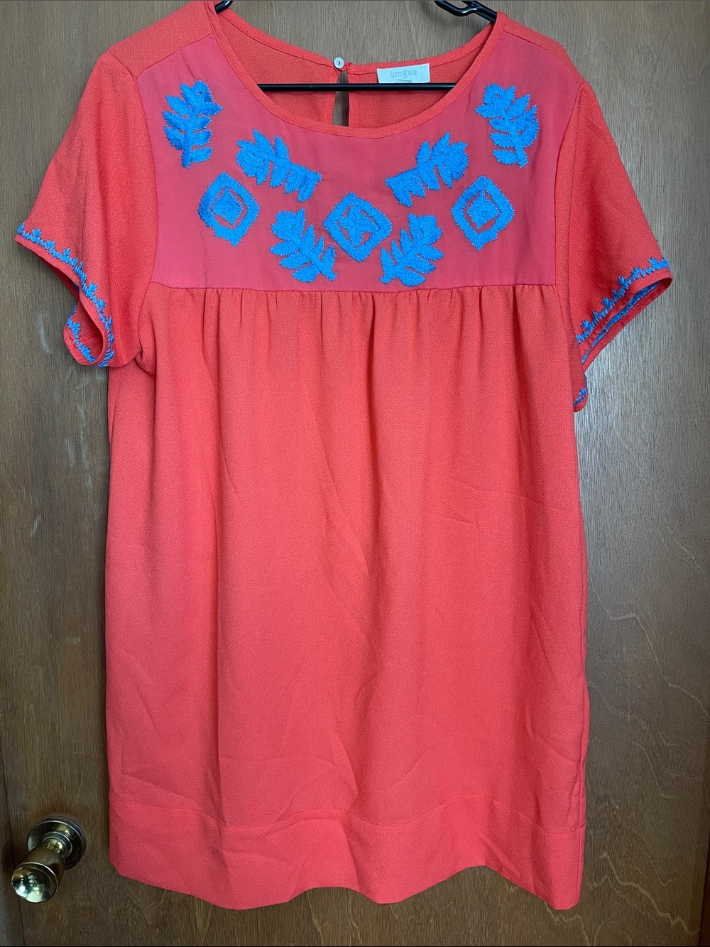 Umgee Coral Mini Dress with Turquoise Embroidery